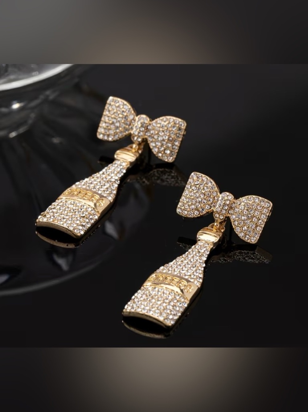 Gold Crystal 'Cheers' Champagne Bottle Drop Earrings - Picture 2 of 5